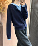 百家好（Basic House）2025春新款羊毛針織開(kāi)衫女連帽假兩件上衣外套設計感內搭打底衫 藏青 L 曬單實(shí)拍圖