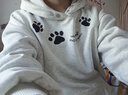 卡圖弛 貓爪印花雙紐扣連帽衛衣男秋季美式vintage加絨加厚情侶百搭上衣 白灰色加絨 XL 【建議120-140斤】 曬單實(shí)拍圖
