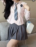 皓娥 JK制服套裝學(xué)院風(fēng)辣妹收腰長袖襯衫女純欲風(fēng)修身襯衣百褶裙顯瘦 【粉長袖/灰短裙/徽章領(lǐng)帶】 L 套裝推薦105-115斤 曬單實拍圖