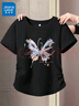 真維斯（Jeanswest）抽褶短袖t恤女裝夏季2025新款純色正肩收腰半袖甜辣修身短款上衣 黑色 淡彩蝴蝶 L 曬單實(shí)拍圖