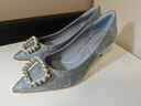 蹀愫禮物2024秋季新款優(yōu)雅小香風(fēng)珍珠女編織格呢水晶高跟鞋TA54514-12 深銀藍色織物 35 225mm 曬單實(shí)拍圖