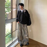 MMOPTOP韓版假兩件毛衣秋冬季男士條紋翻領(lǐng)寬松休閑針織衫MMY14黑色L 曬單實(shí)拍圖