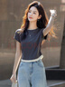 德瑪納【含萊賽爾】夏季氣質(zhì)撞色圓領(lǐng)短袖打底衫小個(gè)子藏肉修身女式t恤 曬單實(shí)拍圖
