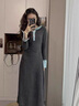 歌詩(shī)慧連衣裙秋冬季新款長(cháng)袖長(cháng)款裙子高級感內搭韓系女裝顯瘦針織連衣裙 法式拼接撞色連衣裙【藍拼灰色】 均碼 曬單實(shí)拍圖