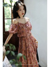 鷺青一原創(chuàng  )【如棠】法式復古吊帶連衣裙女夏季外穿浪漫印花設計雪紡裙 粉紫色短袖連衣裙 現貨 S 拍照穿 曬單實(shí)拍圖
