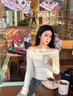 蕾絲內搭打底衫女秋冬季長(cháng)袖t恤2025新款設計感修身斜肩露肩上衣 米杏色 S 曬單實(shí)拍圖