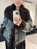 粟茝牛仔皮草拼接外套歐貨皮毛一體鵝絨羽絨派克服女短款復古做舊擦色 S 均碼 水洗牛仔 曬單實(shí)拍圖