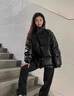 AEMAPE棉服男美式pu皮棉衣男加厚保暖潮韓版棉襖男女同款外套羽面包絨服 黑色 XL 推薦【120-140斤】 曬單實(shí)拍圖