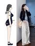 韓璐嬌（hanlujiao）休閑褲女裝套裝2025秋季新款美拉德學(xué)院風(fēng)小個(gè)子工裝外套闊腿褲子 外套+襯衣+褲子 M 曬單實(shí)拍圖