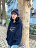 藏青色美式連帽衛衣女2025新款春秋季薄款寬松慵懶風(fēng)chic早秋外套 藏青色【春秋薄款】 M 曬單實(shí)拍圖