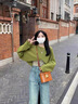妃?，幮蓍e褲套裝女2025秋冬新款韓版時(shí)尚法式鹽系減齡甜美風(fēng)牛仔褲子 綠色毛衣+內搭+牛仔褲 M 曬單實(shí)拍圖