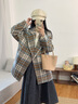 尚靜洋氣寬松百搭格子大衣女2025秋冬新款西裝領(lǐng)毛呢夾棉加厚毛呢外套 藍咖格 M 曬單實(shí)拍圖