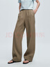 初棉【法國麻】粗支亞麻直筒休閑長(cháng)褲女25春夏新品彈力松緊腰薄款褲子 咖綠色 M 曬單實(shí)拍圖