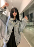 莜仙格美式復古毛邊做舊牛仔外套女2025新款春秋季寬松工裝潮牌夾克上衣 淺藍色 M 建議 95-110斤 曬單實(shí)拍圖