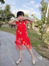 潮思匯中秋演出服女童連衣裙夏裝旗袍裙子夏季洋氣女孩中國風(fēng)公主漢服 盤(pán)扣飛袖花瓣裙 紅色 50 建議身高40cm左右 曬單實(shí)拍圖