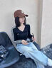 美式復古條紋V領(lǐng)短款收腰緊身長(cháng)袖t恤女春秋季新款內搭打底衫上衣 黑色 M 曬單實(shí)拍圖