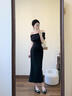 LIZONGXI法式斜肩蕩領(lǐng)一字肩連衣裙子女夏2025新款收腰褶皺露肩包臀裙長(cháng)裙 黑色 S 【80-100斤】 曬單實(shí)拍圖