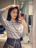 柯蘭娜撞色拼接條紋春秋新款長袖女t恤圓領套頭打底衫顯瘦百搭針織衫 灰藍條長袖 均碼 建議80-130斤 曬單實拍圖