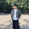 安初夏咖棕色皮衣外套美式痞帥短款飛行夾克套裝男春秋牛仔褲搭配一整套 【黑色外套+黑色衛衣+黑色牛仔褲 XL (適合130-145斤) 曬單實(shí)拍圖