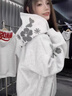 燦圖美式花卉字母刺繡加絨連帽衛衣女秋冬季寬松潮流加厚帽衫情侶外套 白灰色 加絨 L 曬單實(shí)拍圖