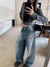 麓格立牛仔褲女高街寬松闊腿秋季新款美式設計感潮流顯瘦高腰垂感彎刀褲 做舊闊腿牛仔褲 M 曬單實(shí)拍圖