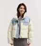 森馬（Semir）羽絨服女冬90絨子防潑水拼接牛仔oversize立領(lǐng)個(gè)性潮酷面包服 白藍色調（白鴨絨）00318 L 曬單實(shí)拍圖