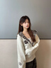 美式豹紋刺繡外套女秋季2025新款設計感小眾寬松開(kāi)衫拉鏈連帽衛衣 白灰色【春秋薄款】 M 曬單實(shí)拍圖