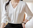 初申春秋長(cháng)袖襯衫女時(shí)尚設計感氣質(zhì)V領(lǐng)雪紡襯衣上衣S141C2092 曬單實(shí)拍圖