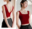 拉夏貝爾交叉美背吊帶背心女新款內搭帶胸墊文胸一體內衣外穿上衣 酒紅 M 曬單實(shí)拍圖