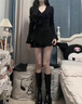桃伊悠（taoyiyou）黑色荷葉邊喇叭袖長(cháng)袖v領(lǐng)連衣裙女秋冬季內搭氣質(zhì)小黑裙a字短裙子 黑色 L 【建議105-120斤】 曬單實(shí)拍圖