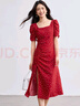 尚都比拉法式連衣裙女夏季方領(lǐng)堆堆袖復古波點(diǎn)抽褶開(kāi)叉A字裙 曬單實(shí)拍圖
