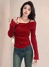 冶芷紅色一字肩假兩件吊帶上衣女秋季2025年新款設計感針織衫 純欲風(fēng)一字肩上衣紅色 M 曬單實(shí)拍圖
