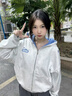 哈魯迪字母刺繡連帽衛衣女2026春季美式高街格子拼接國潮牌開(kāi)衫拉鏈外套 白花灰 M （80-100斤) 曬單實(shí)拍圖