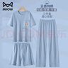 貓人（MiiOW）男童睡衣純棉春夏季短袖家居服男孩中大童青少年空調服三件套 抽條小熊淺藍 180 cm 【建議165-175CM】 曬單實(shí)拍圖