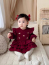 嬰兒包屁衣秋冬季加絨保暖新生兒連體衣女寶寶蛋糕裙周歲禮服 紅色+發(fā)帶+一體絨褲襪 66 cm 曬單實(shí)拍圖