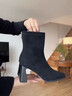 達芙妮高跟短靴女2025秋冬新款馬丁靴女法式高跟鞋絨面彈力靴粗跟瘦瘦靴 黑色【7cm高跟】主圖款 37 曬單實(shí)拍圖