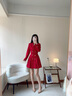 晨芙職業(yè)西裝連衣裙女時(shí)尚高腰雙排扣小個(gè)子氣質(zhì)女神范百褶裙通勤工裝 紅色 S 建議80-90斤 曬單實(shí)拍圖