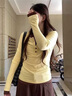 LDBE撞色假兩件長(cháng)袖t恤女春秋韓系chic修身顯瘦設計感獨特打底衫上衣 黃色 XL 【120-130斤】 曬單實(shí)拍圖