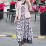 顏域復(fù)古印花法式連衣裙女2025早春新款顯瘦V領(lǐng)A字收腰無袖背心裙 粉花 L 曬單實拍圖