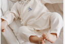 OAK FAMILY早春新品寶寶長(cháng)袖和式連體衣新生兒全棉爬服嬰幼兒哈衣嬰兒連體衣 米杏-斜襟 （不含帽子） 90cm （推薦1~2歲） 曬單實(shí)拍圖