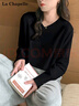 拉夏貝爾v領(lǐng)長(cháng)袖t恤女春秋新款寬松洋氣純色簡(jiǎn)約打底衫內搭上衣 黑色 XL 曬單實(shí)拍圖