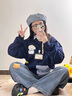 棉致慵懶chic格紋拼接假兩件連帽衛(wèi)衣女秋冬新款潮流寬松韓系外套加絨 藏青色【607常規(guī)高品質】 M 100-120斤 曬單實拍圖