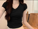 拉夏貝爾v領(lǐng)短袖t恤女夏季新款修身正肩顯瘦小個(gè)子辣妹短款上衣麻灰色L 曬單實(shí)拍圖