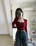 柯蘭娜毛衣方領(lǐng)打底衫長(cháng)袖上衣女士T恤內搭秋冬緊身顯瘦洋氣百搭針織衫 酒紅色 均碼 【推薦體重80-130斤】 曬單實(shí)拍圖