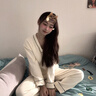 貓人睡衣女純棉100全棉夏季帶胸墊一體裸感長(cháng)袖長(cháng)褲純色夏天家居服 80079-1胸墊款 L 【160-165cm/100-110斤】 曬單實(shí)拍圖