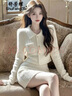 舒芳蝶（shufangdie）小香風(fēng)白色針織連衣裙女裝2025秋季新款內搭穿搭毛衣包臀短裙套裝 套裝 S 曬單實(shí)拍圖