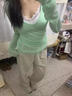 九寸陽(yáng)光溫柔套裝綠色長(cháng)袖T恤罩衫上衣女秋季內搭蕾絲性感吊帶背心兩件套 均碼 （推薦體重120斤內） 曬單實(shí)拍圖