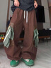 UUCSCC嘻哈潮牌多口袋寬松直筒牛仔褲美式工裝闊腿彎刀褲束腳長(cháng)褲 棕色 S  90-110斤 曬單實(shí)拍圖