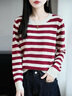秋冬精紡絲綿針織衫女撞色圓領(lǐng)條紋長(cháng)袖上衣服套頭百搭內搭打底衫 紅白條紋 2XL 建議【120-135斤】 曬單實(shí)拍圖