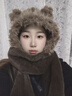 目丸可愛(ài)小熊帽子圍巾一體女新款秋冬季加絨圍脖防寒保暖毛茸茸護耳帽 曬單實(shí)拍圖